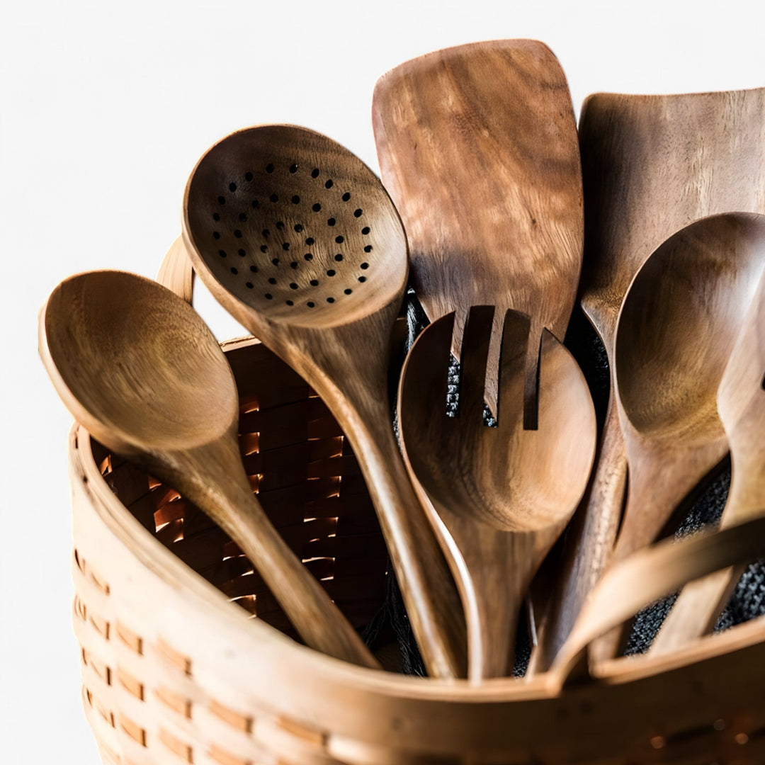 Teakholz Küchenbesteck-Set – 9-teilig mit Halter & Löffelablage