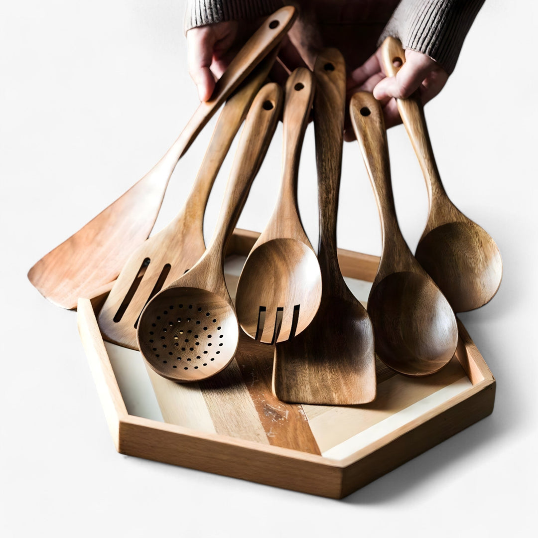 Teakholz Küchenbesteck-Set – 9-teilig mit Halter & Löffelablage