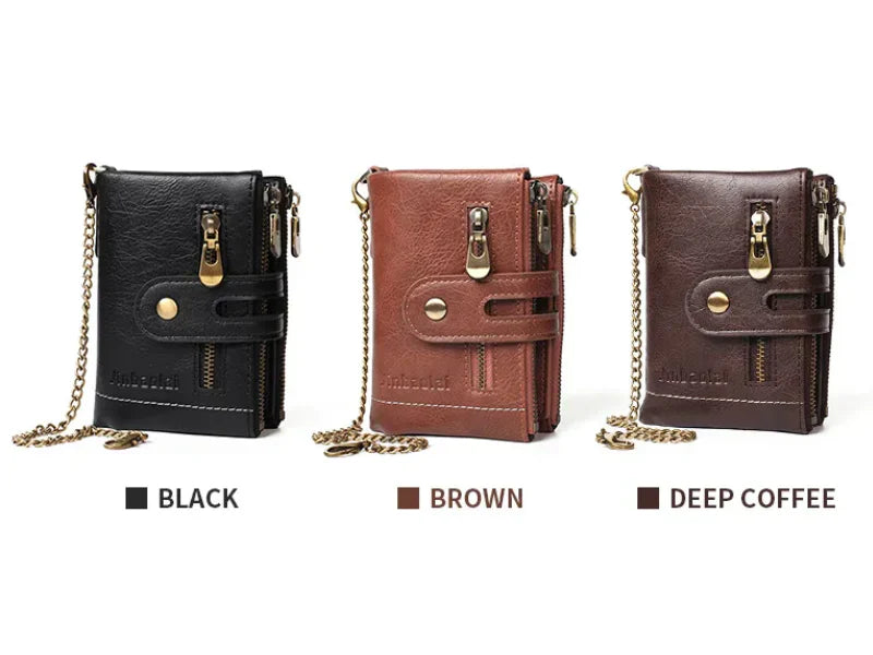 Retro-Lederbrieftasche mit Kette – 13 Kartenfächer & Doppelreißverschluss