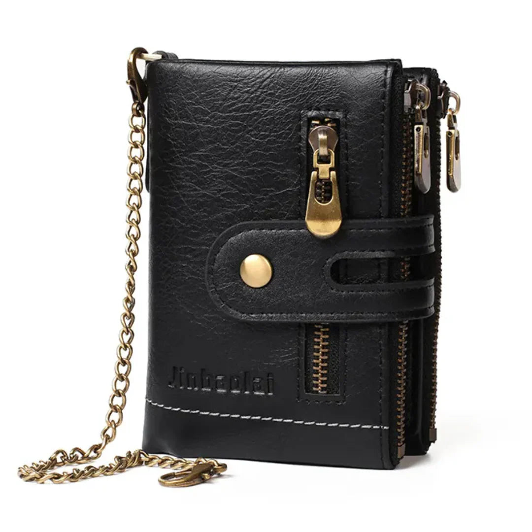 Retro-Lederbrieftasche mit Kette – 13 Kartenfächer & Doppelreißverschluss