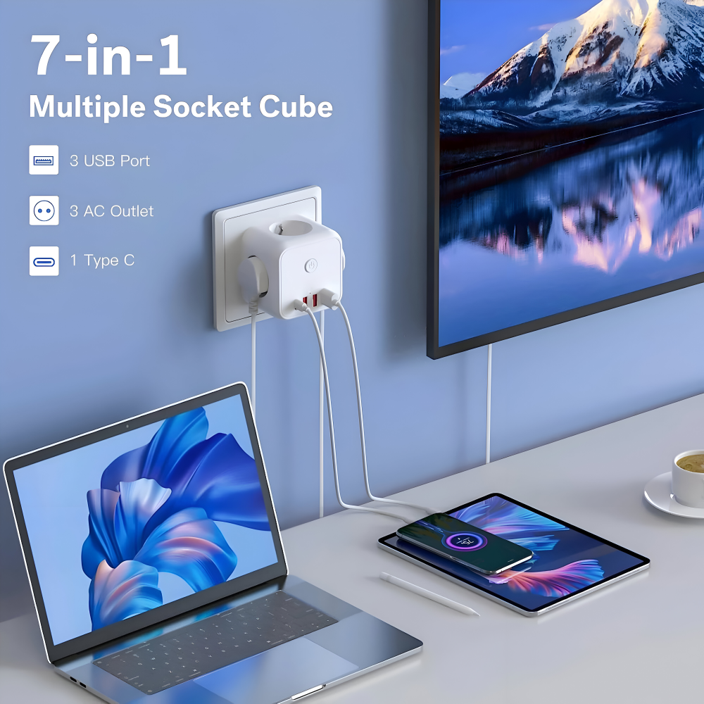 Würfel-Steckdosenleiste mit USB & Type-C – 7-in-1 Ladestation