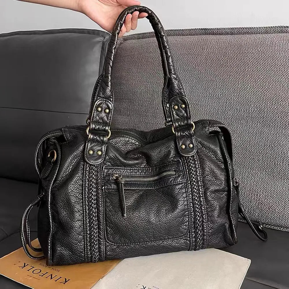Schwarze Handtasche aus PU-Leder mit Vintage-Waschung