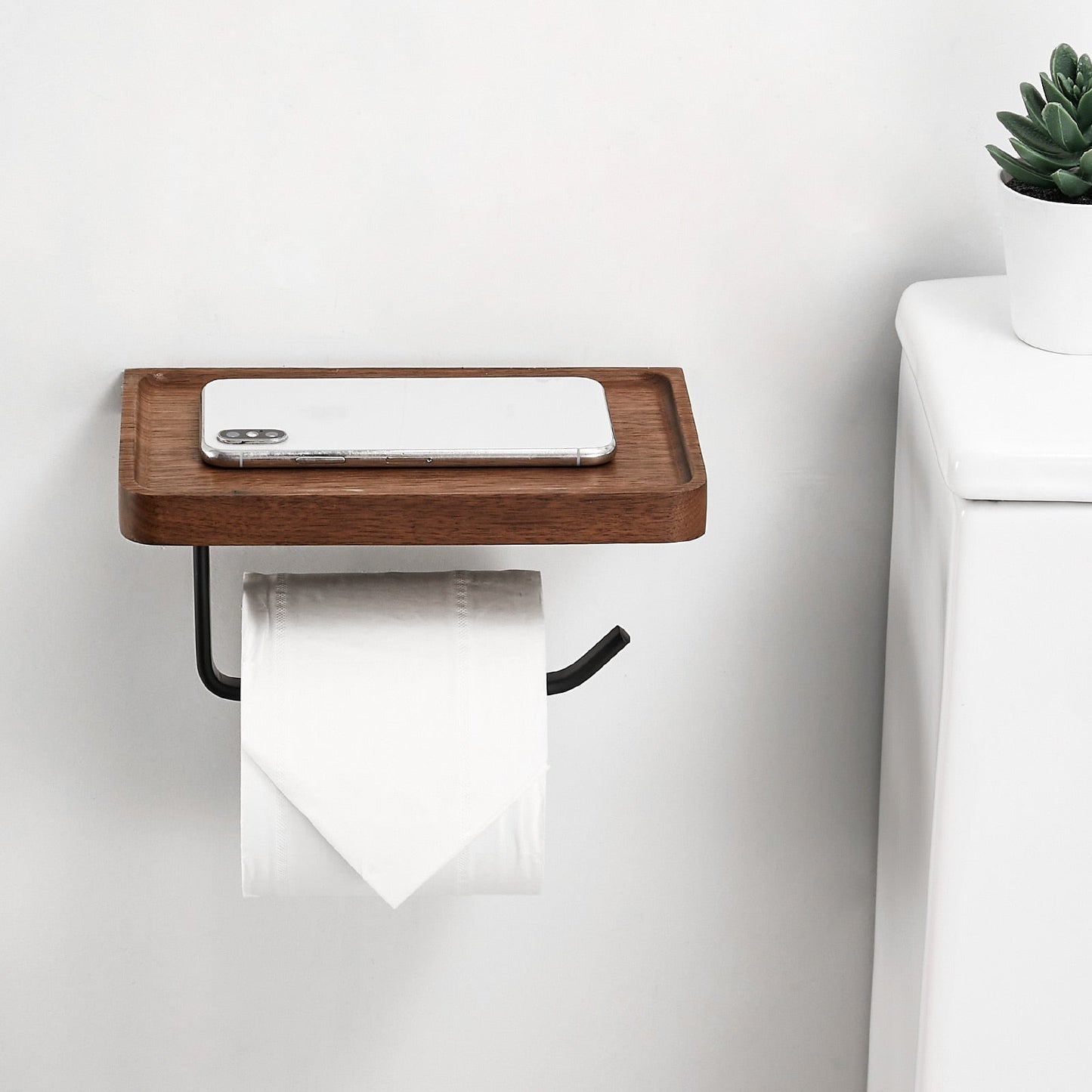 Toilettenpapierhalter aus Holz mit Ablage – Zur Wandmontage