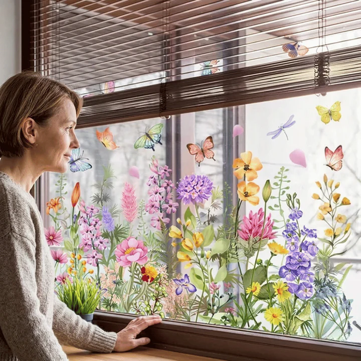 Fensteraufkleber mit Blumen- und Schmetterlingmotiven