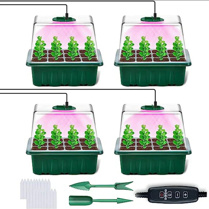 Anzuchtschalen-Set mit LED-Pflanzenlampe und Feuchtigkeitshaube – 4er-Set