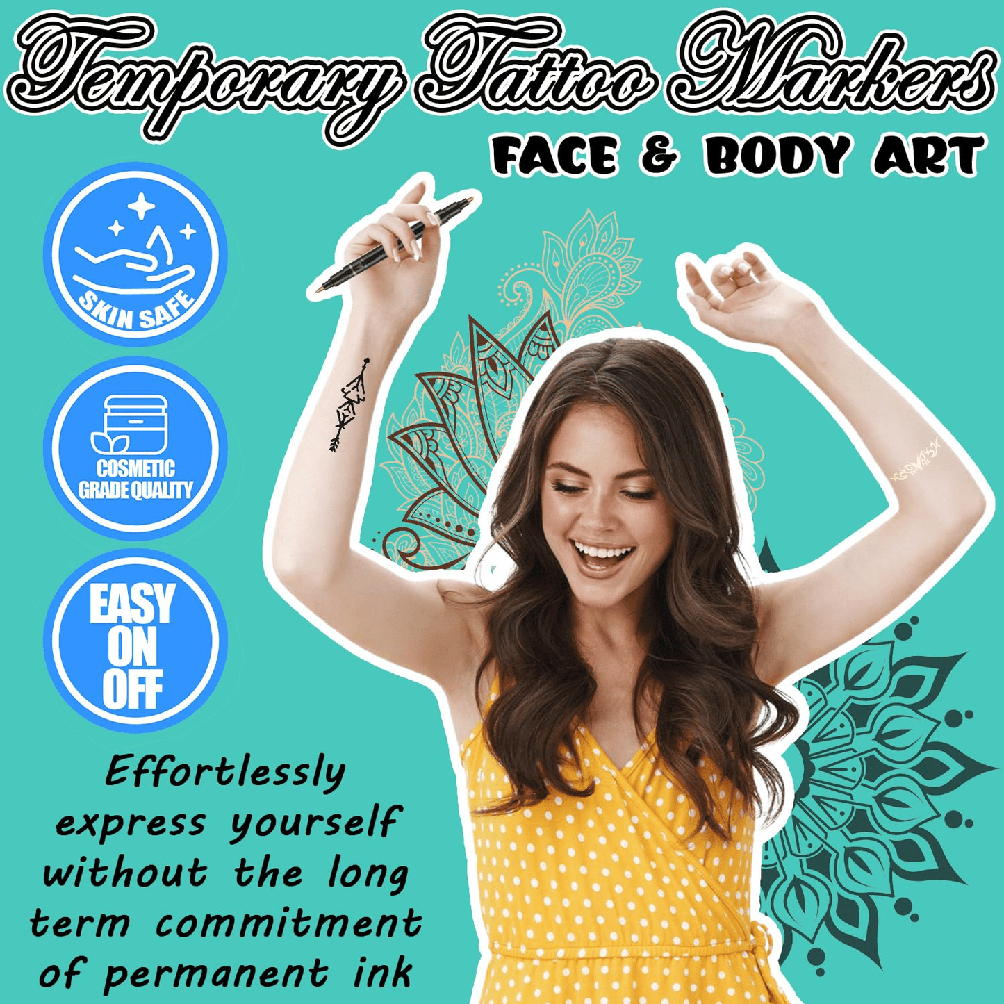 Temporäre Tattoo-Marker Set – 10 Farben mit Pinselspitze