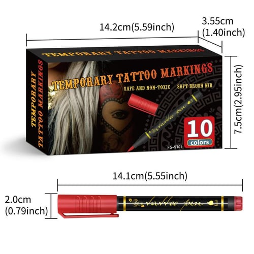 Temporäre Tattoo-Marker Set – 10 Farben mit Pinselspitze