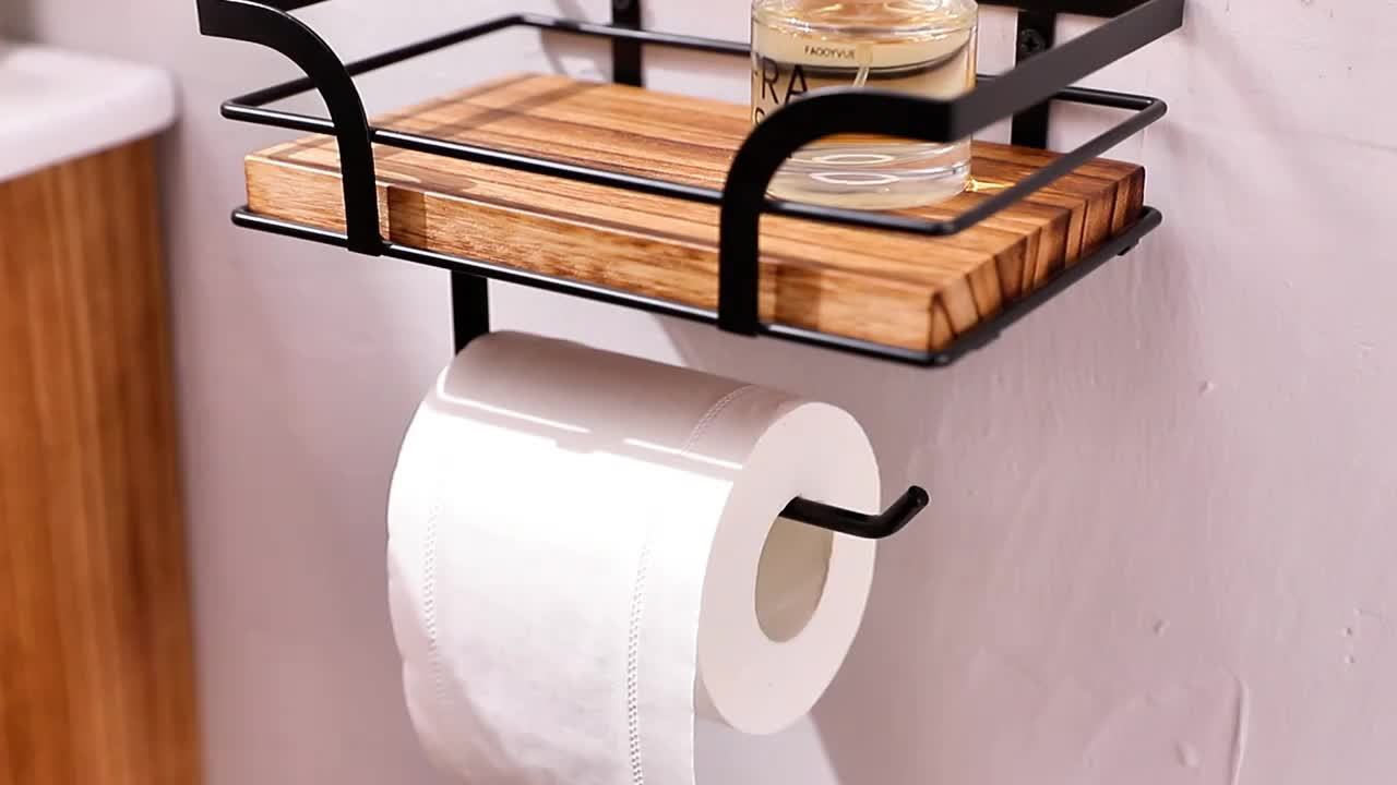 Wandregal mit Toilettenpapierhalter – Metall & Holz