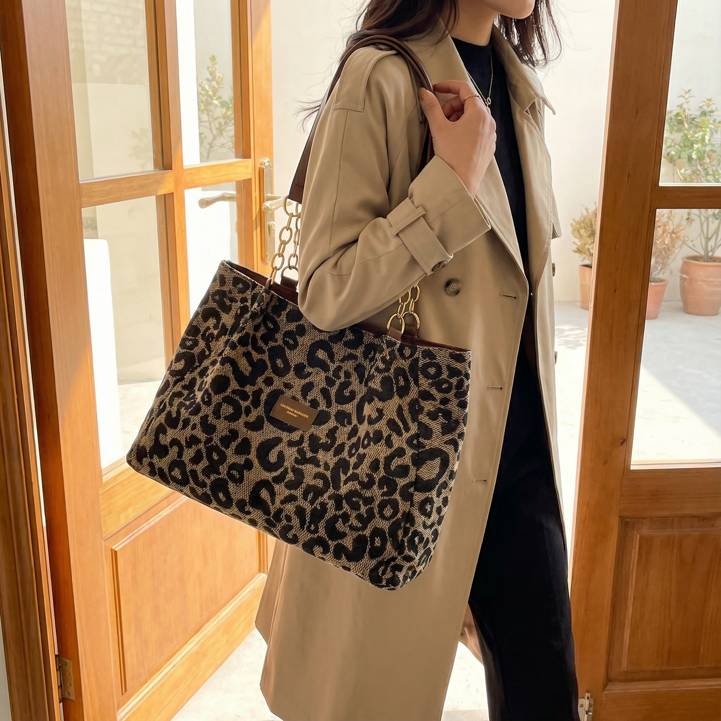 Leotard-Print Tote-Bag mit Goldketten-Detail