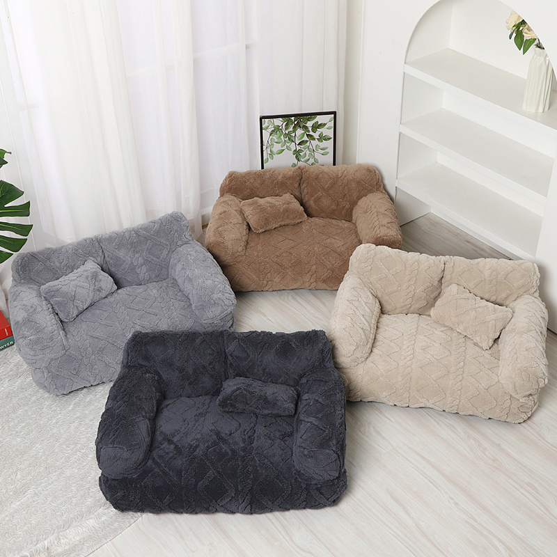 Plüsch-Haustiersofa mit erhöhtem Rand und Kissen – 4 Farben