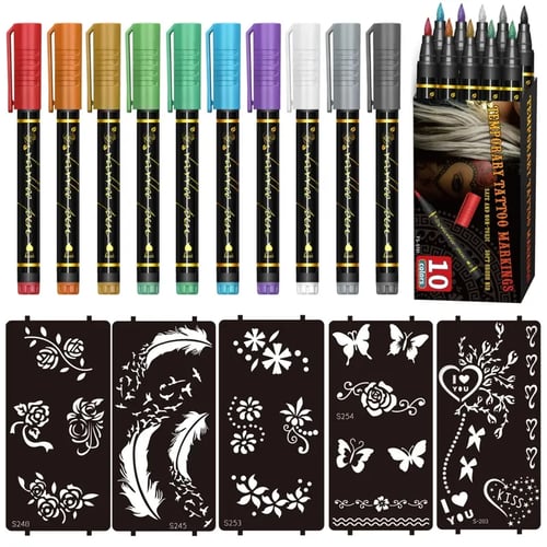 Temporäre Tattoo-Marker Set – 10 Farben mit Pinselspitze