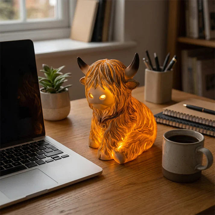 Highland-Kuh Nachtlicht aus Resin – Dekorative Lampe mit warmem Bernsteinlicht