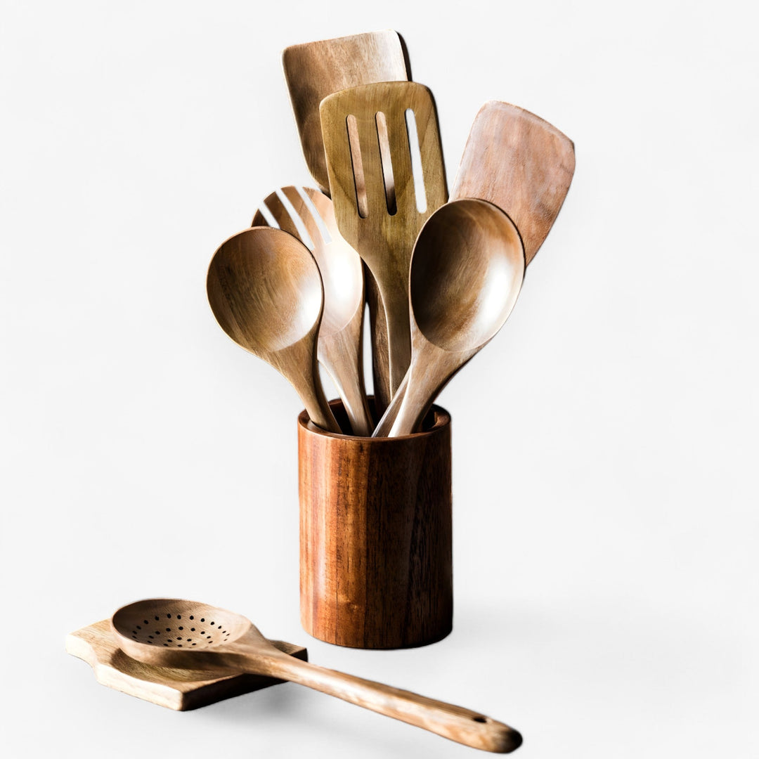 Teakholz Küchenbesteck-Set – 9-teilig mit Halter & Löffelablage