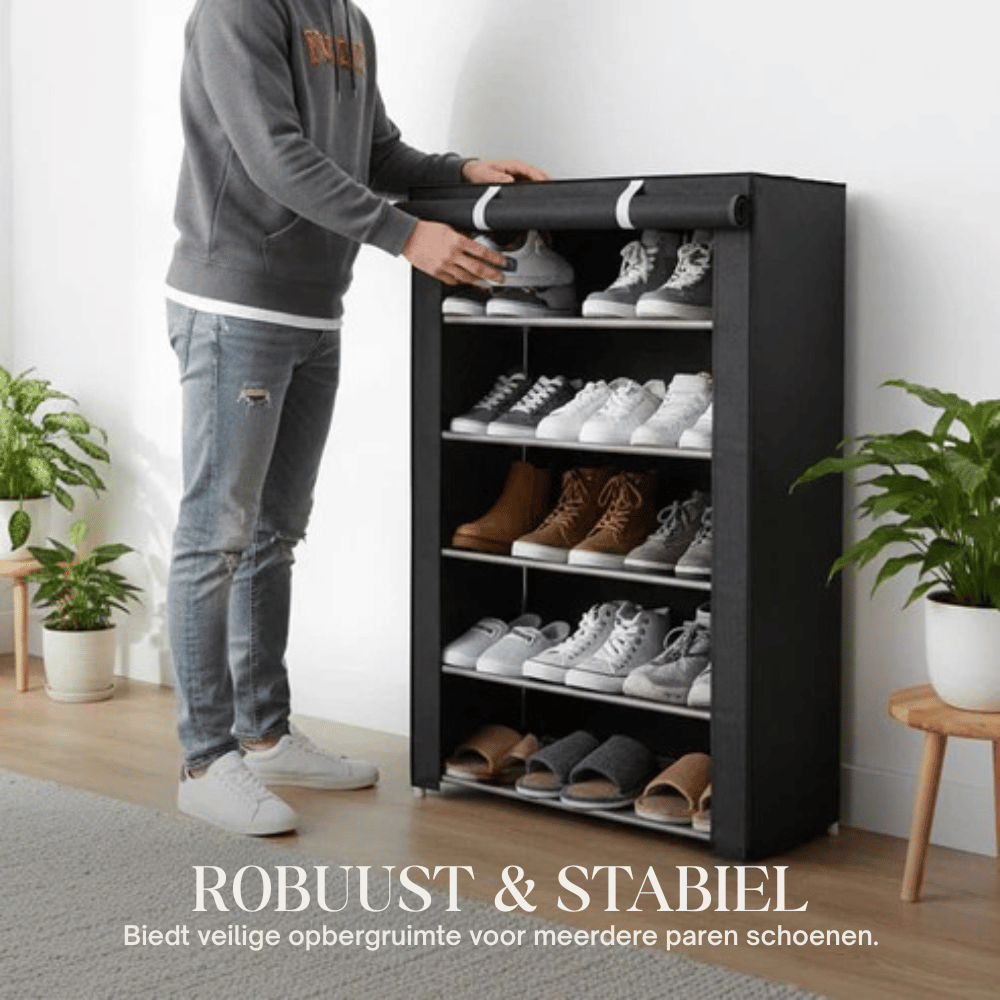 Schuhschrank mit Stoffbezug und Stahlgestell – 6 oder 8 Ebenen
