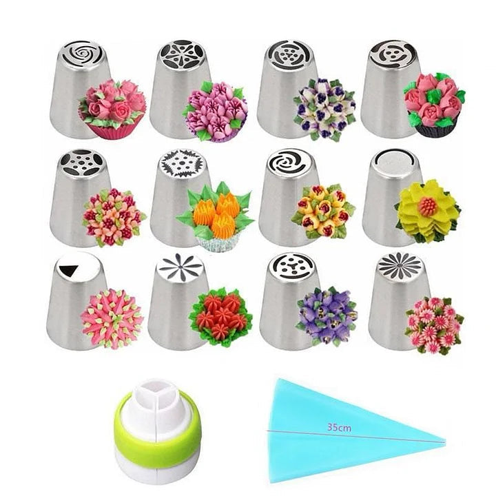 Tulpen-Spritztüllen-Set – 12 Stück mit Silikonspritzbeutel & Adapter