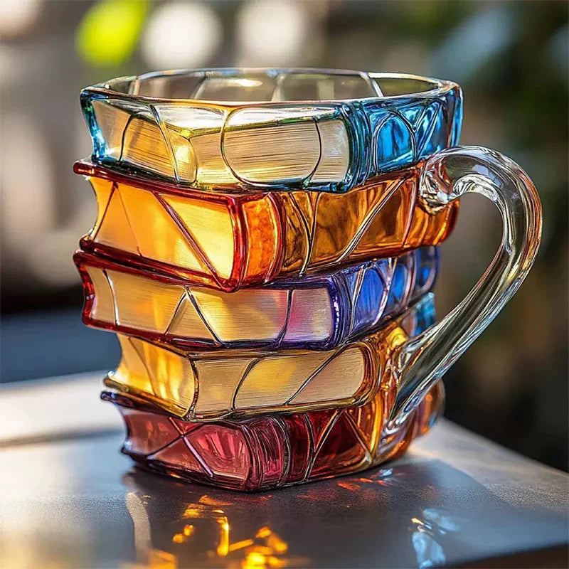 Handgeblasenes Glas-Trinkglas mit Gestapeltem Bücher-Design