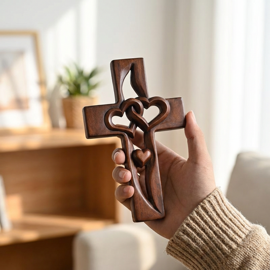 Holzkreuz Wanddeko mit Verschlungenen Herzen