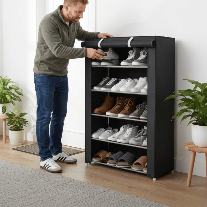 Schuhschrank mit Stoffbezug und Stahlgestell – 6 oder 8 Ebenen