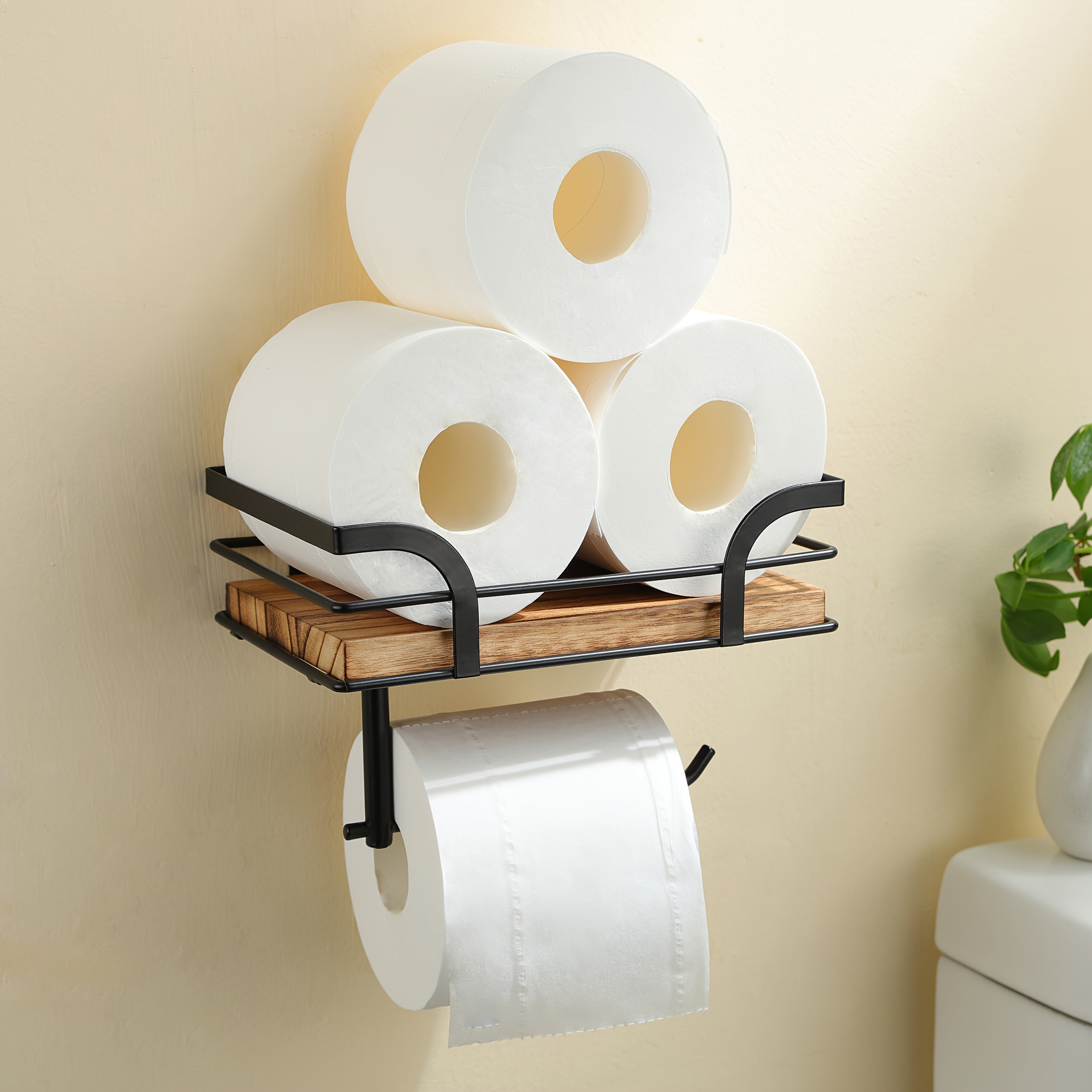 Wandregal mit Toilettenpapierhalter – Metall & Holz