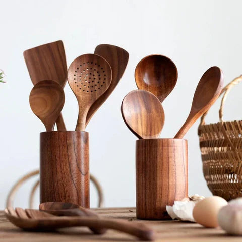Teakholz Küchenbesteck-Set – 9-teilig mit Halter & Löffelablage