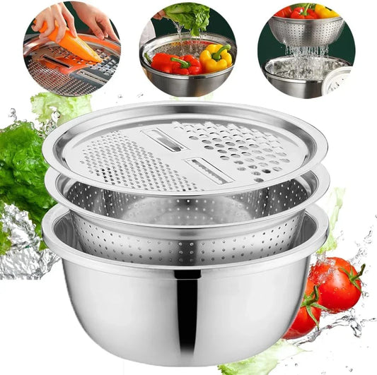 Edelstahl-Schüssel-Set mit Reibe und Sieb – 3 in 1