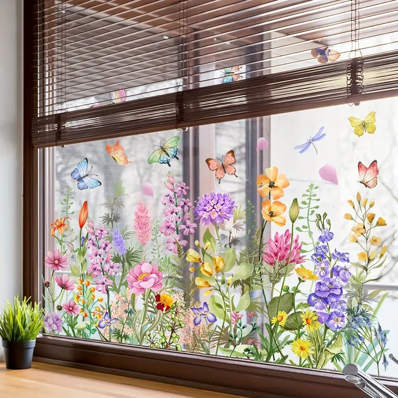 Fensteraufkleber mit Blumen- und Schmetterlingmotiven