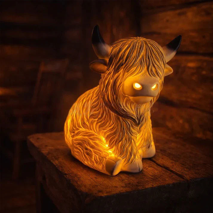 Highland-Kuh Nachtlicht aus Resin – Dekorative Lampe mit warmem Bernsteinlicht