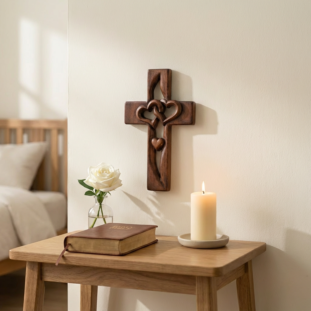 Holzkreuz Wanddeko mit Verschlungenen Herzen