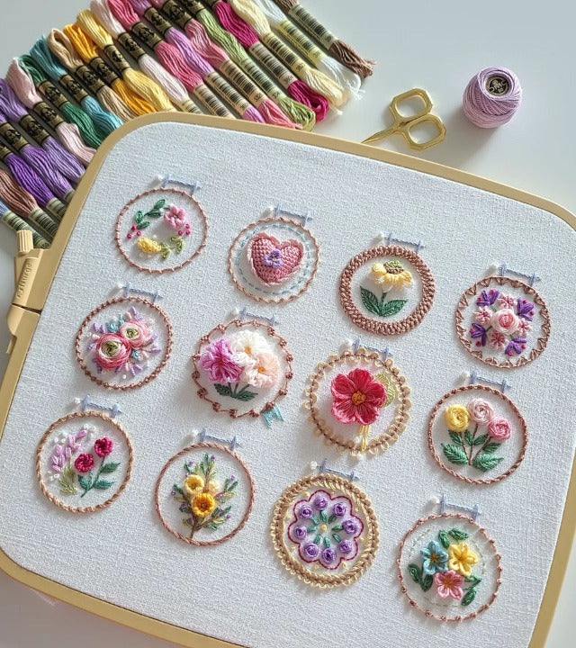 Blumen-Stickerei-Starter-Set – 12 Motive, komplett ausgestattet