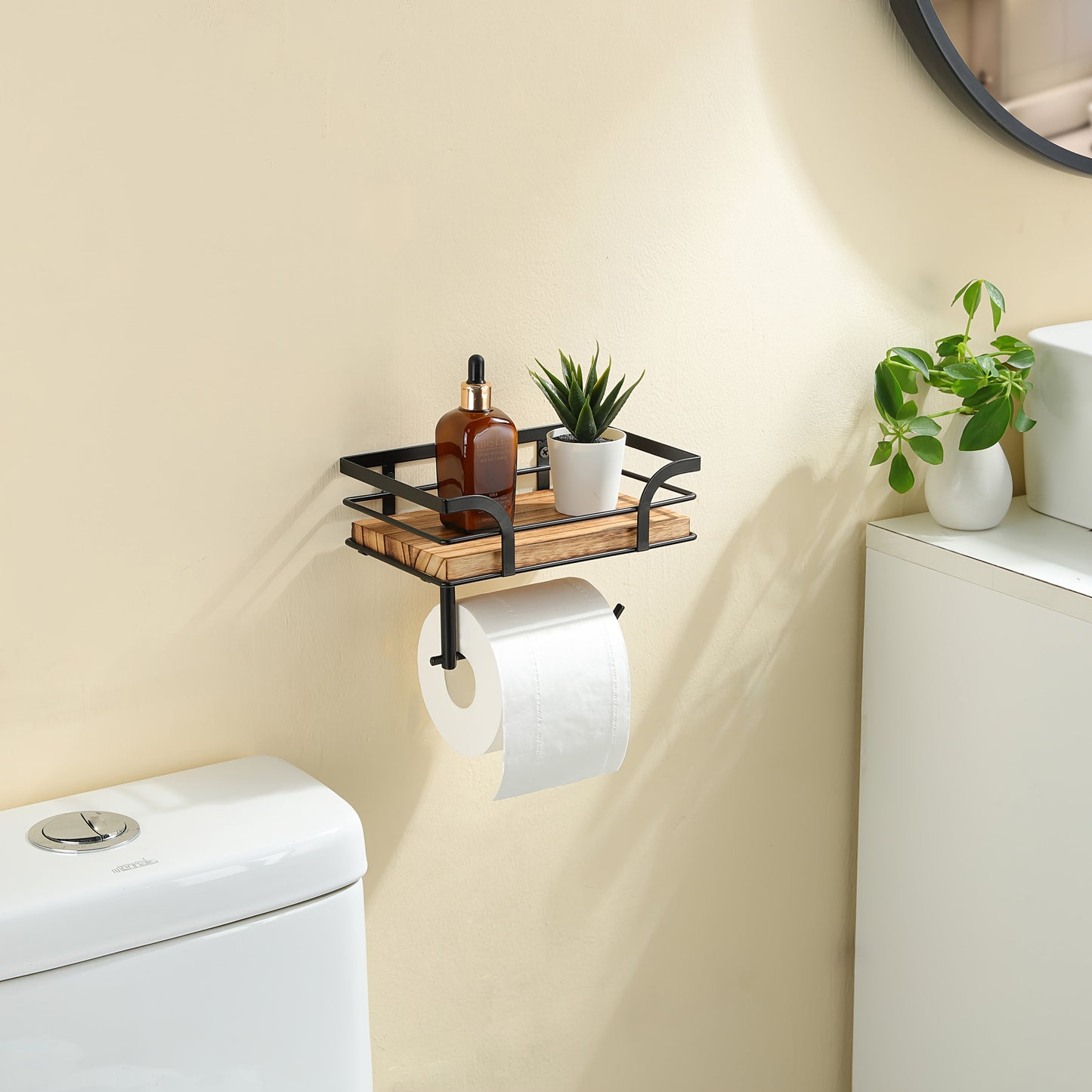 Wandregal mit Toilettenpapierhalter – Metall & Holz