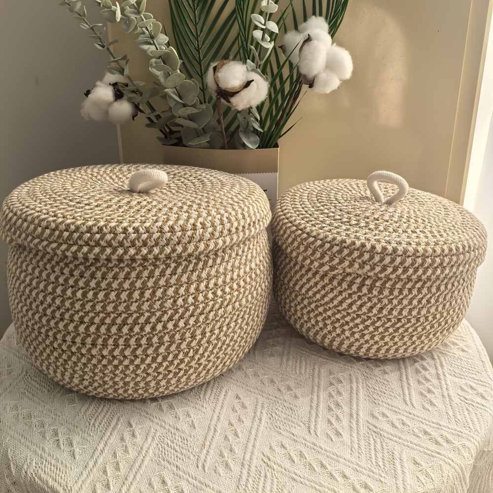 Gewebter Aufbewahrungskorb mit Deckel – Boho Rund Design
