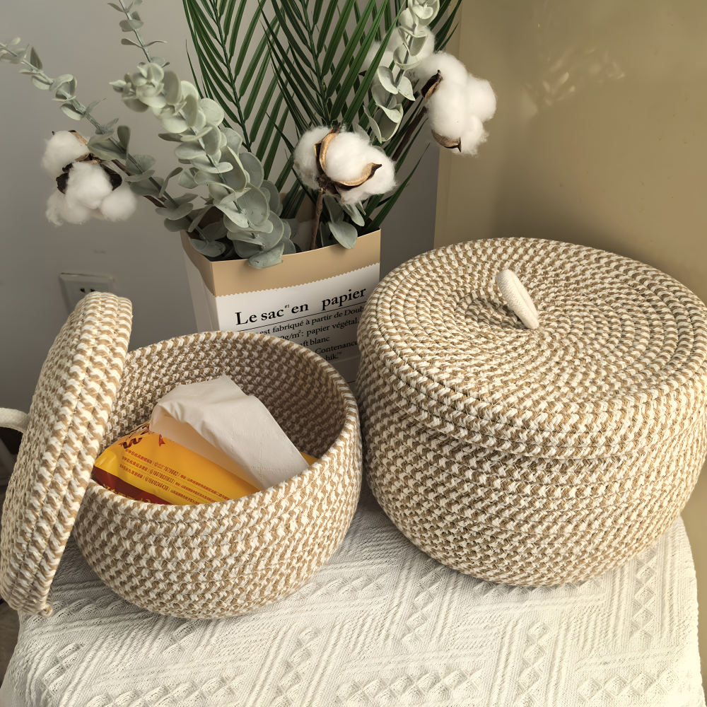 Gewebter Aufbewahrungskorb mit Deckel – Boho Rund Design