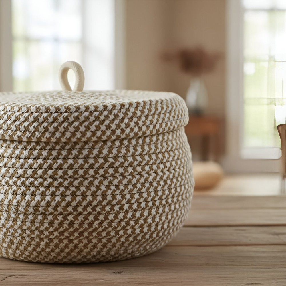 Gewebter Aufbewahrungskorb mit Deckel – Boho Rund Design
