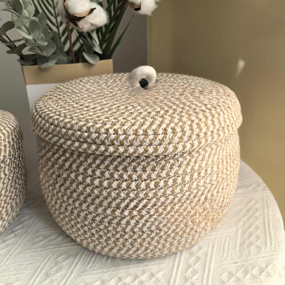 Gewebter Aufbewahrungskorb mit Deckel – Boho Rund Design