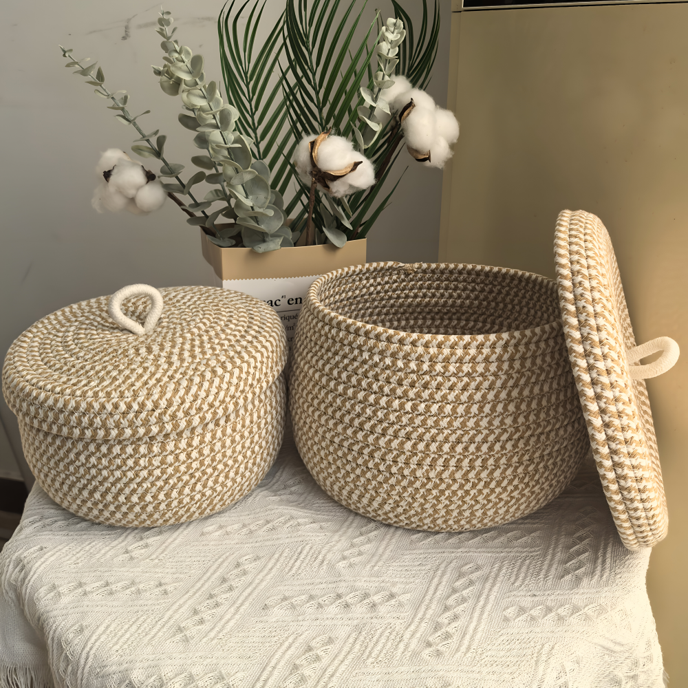 Gewebter Aufbewahrungskorb mit Deckel – Boho Rund Design