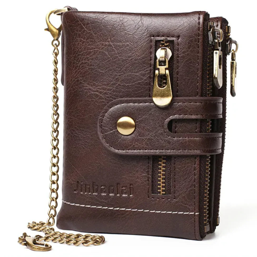 Retro-Lederbrieftasche mit Kette – 13 Kartenfächer & Doppelreißverschluss