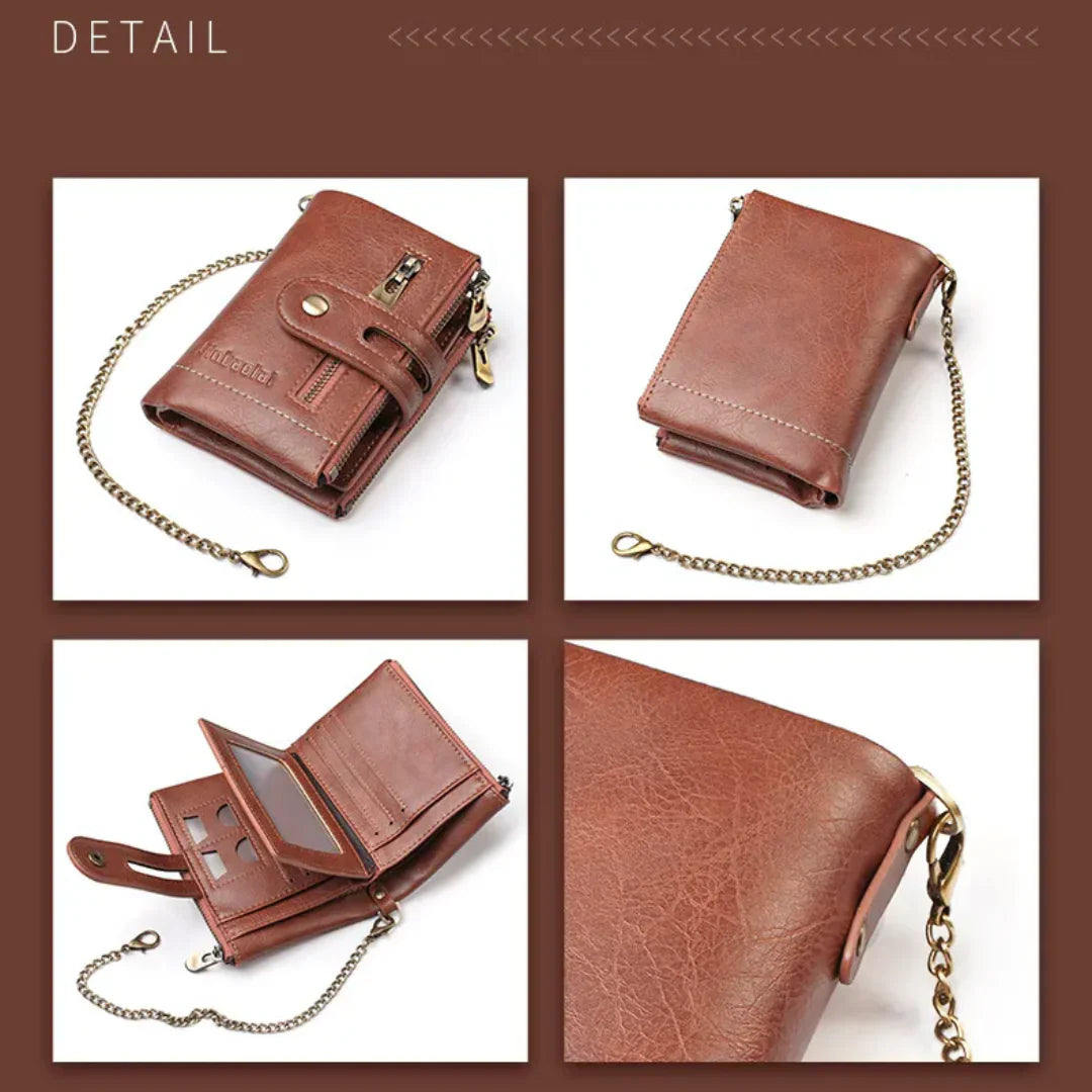 Retro-Lederbrieftasche mit Kette – 13 Kartenfächer & Doppelreißverschluss