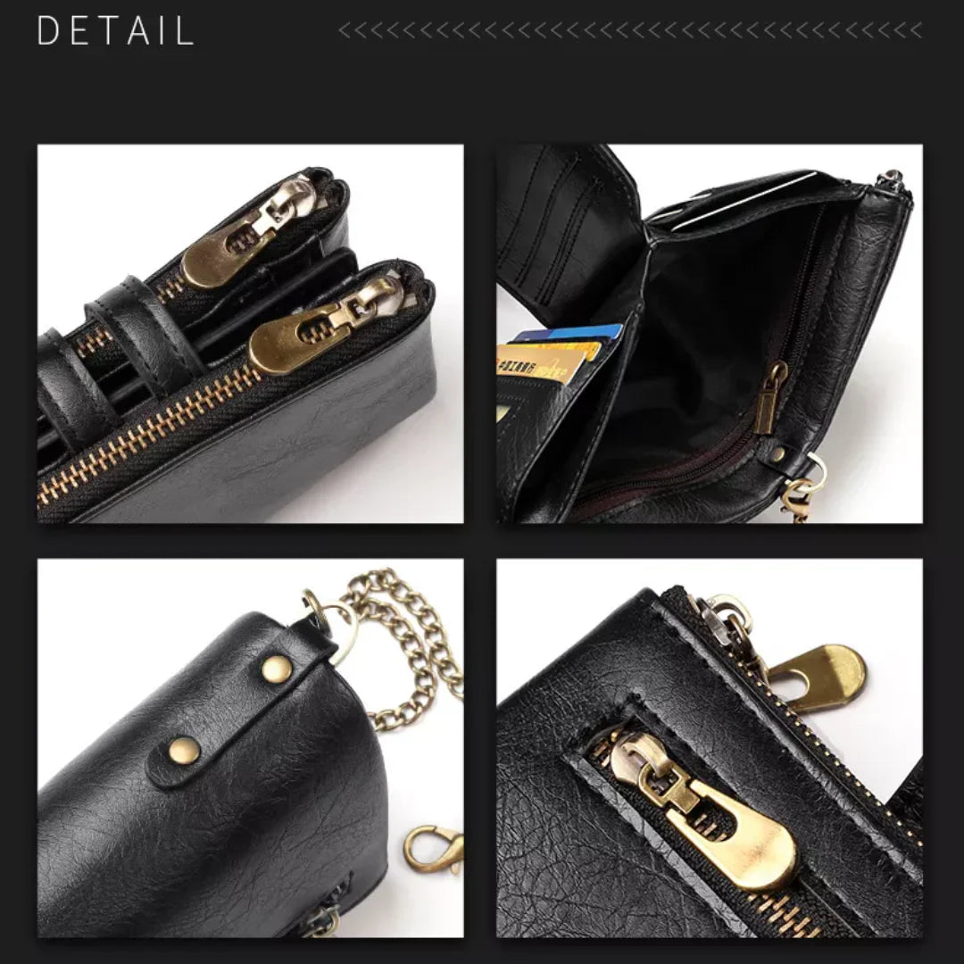 Retro-Lederbrieftasche mit Kette – 13 Kartenfächer & Doppelreißverschluss