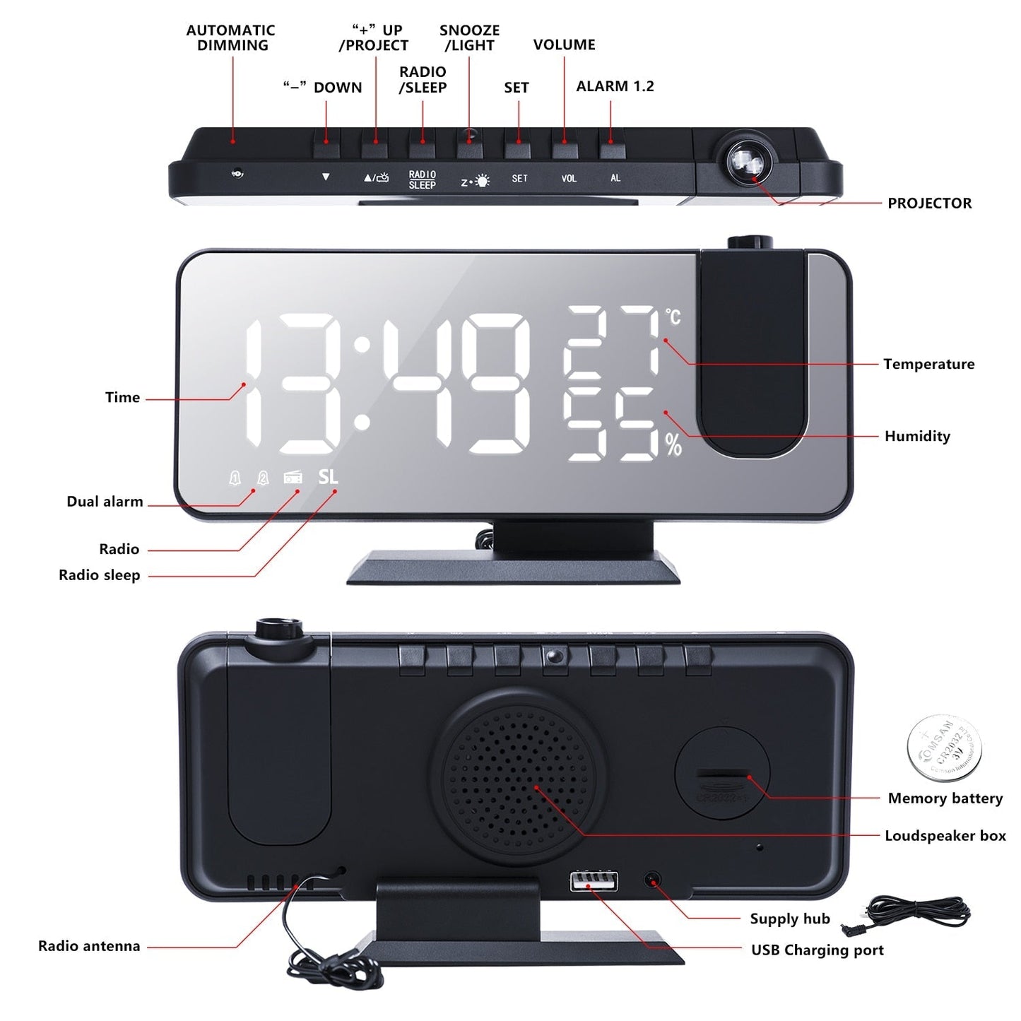 Digitale Projektionsuhr mit LED-Display & FM-Radio