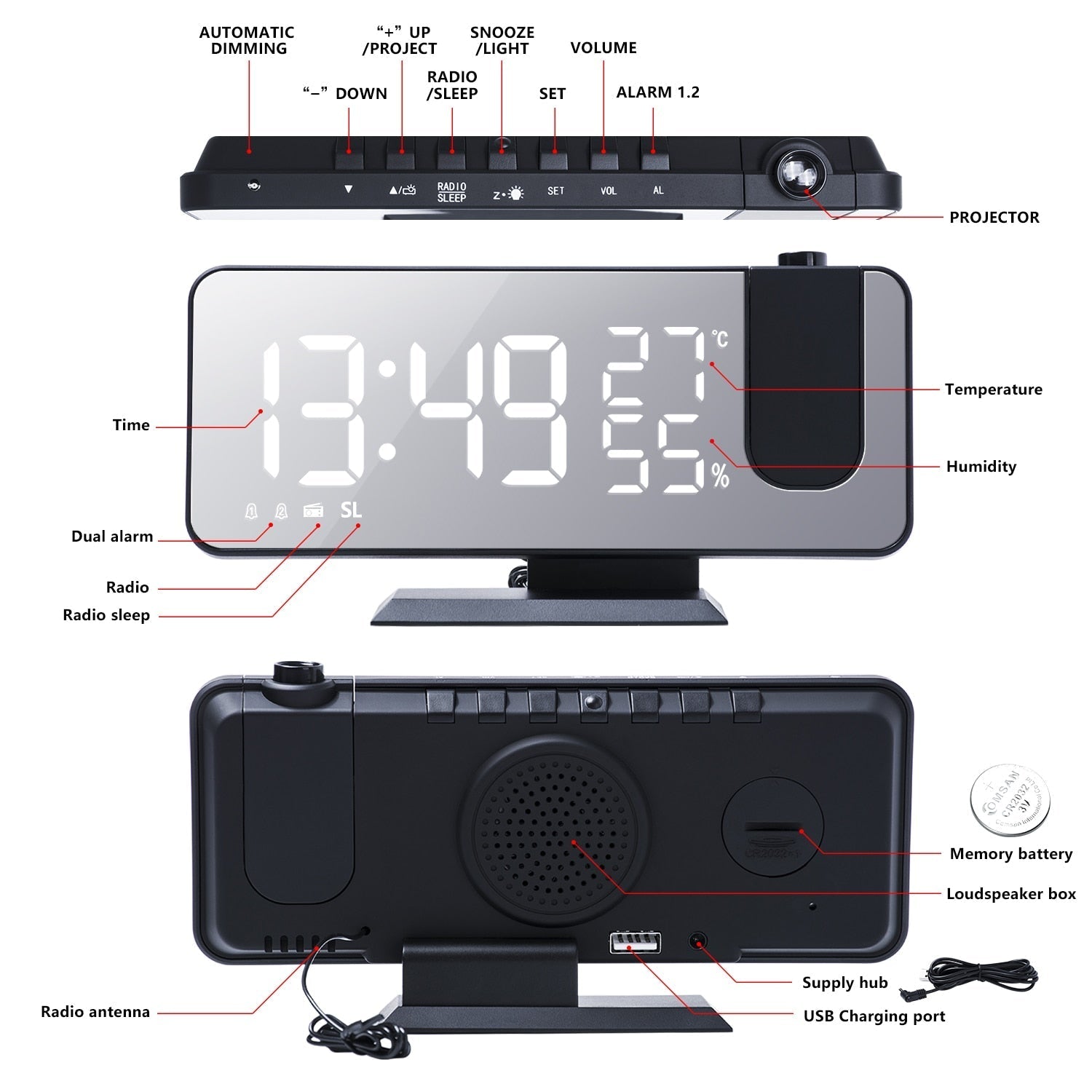 Digitale Projektionsuhr mit LED-Display & FM-Radio