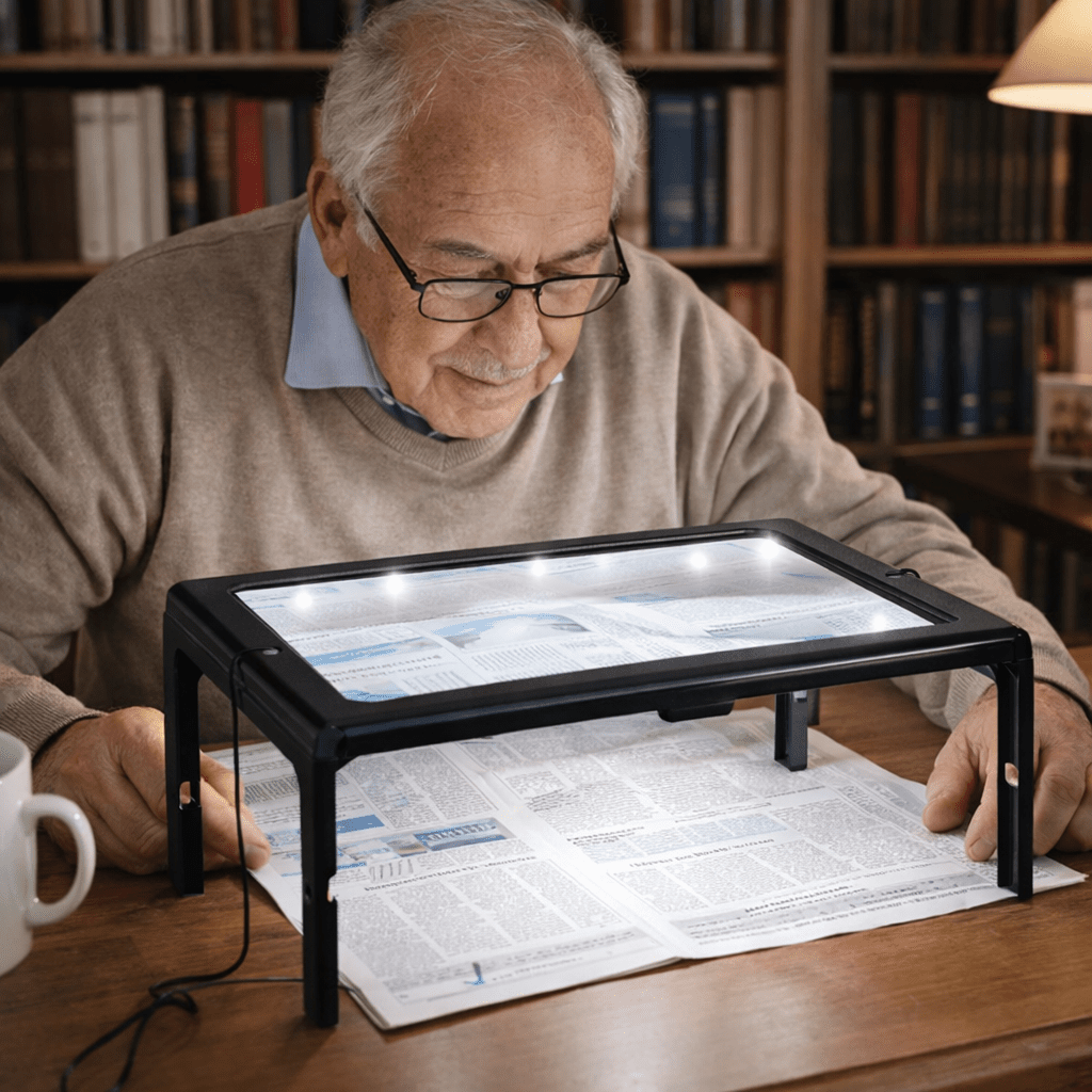 Faltbare Tischlupe mit LED-Licht – Freihändig Lesen