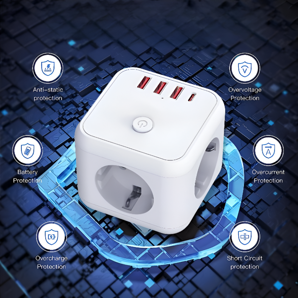 Würfel-Steckdosenleiste mit USB & Type-C – 7-in-1 Ladestation