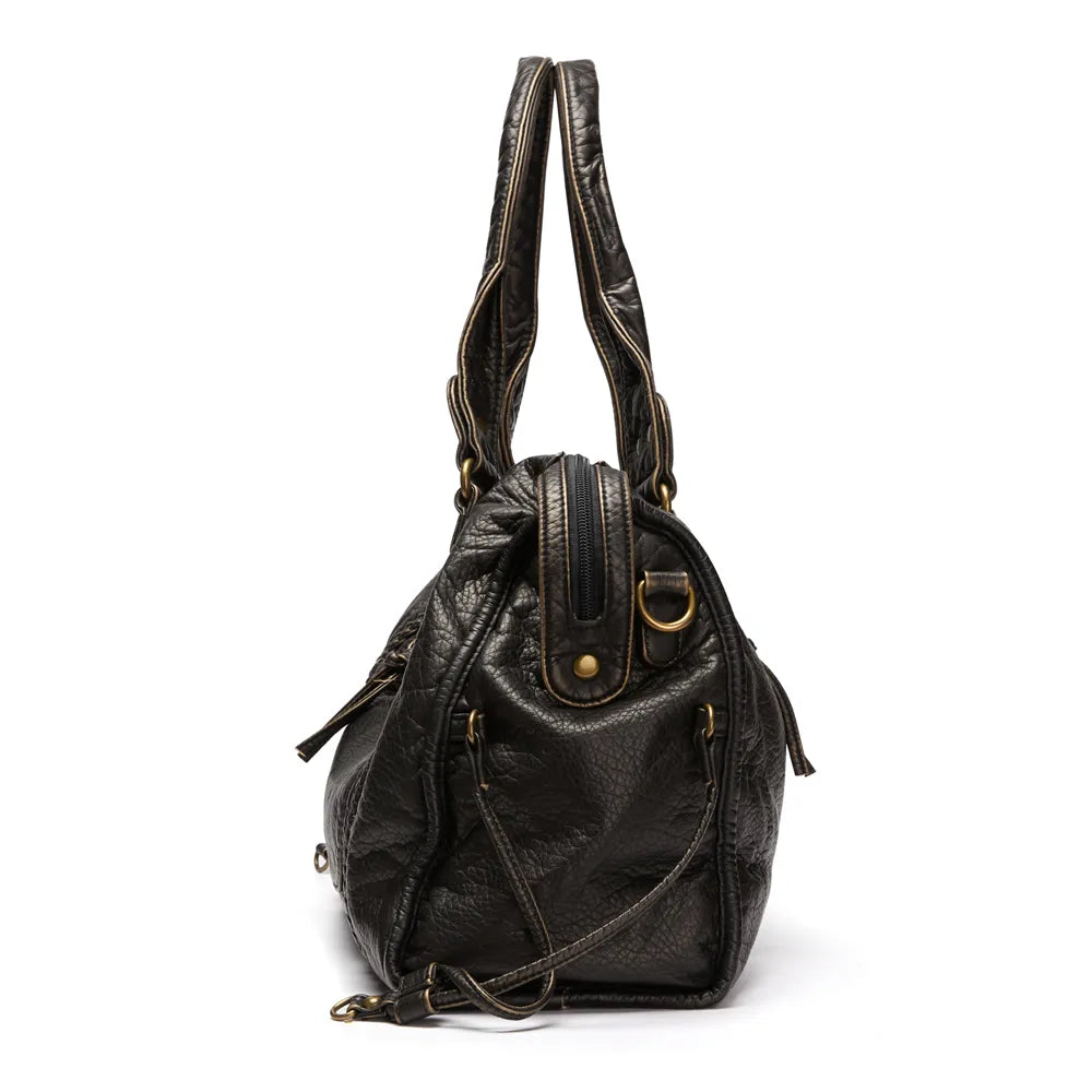 Schwarze Handtasche aus PU-Leder mit Vintage-Waschung