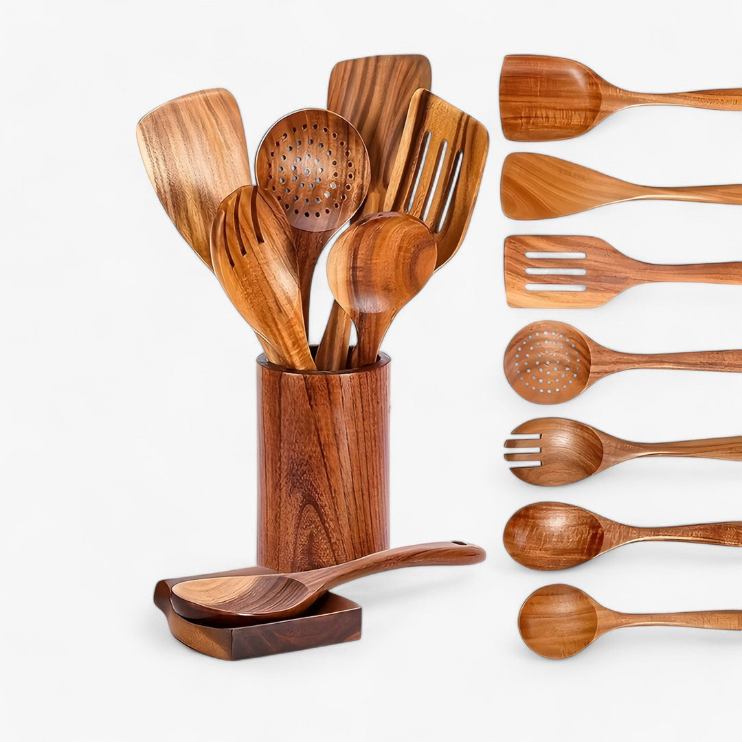 Teakholz Küchenbesteck-Set – 9-teilig mit Halter & Löffelablage