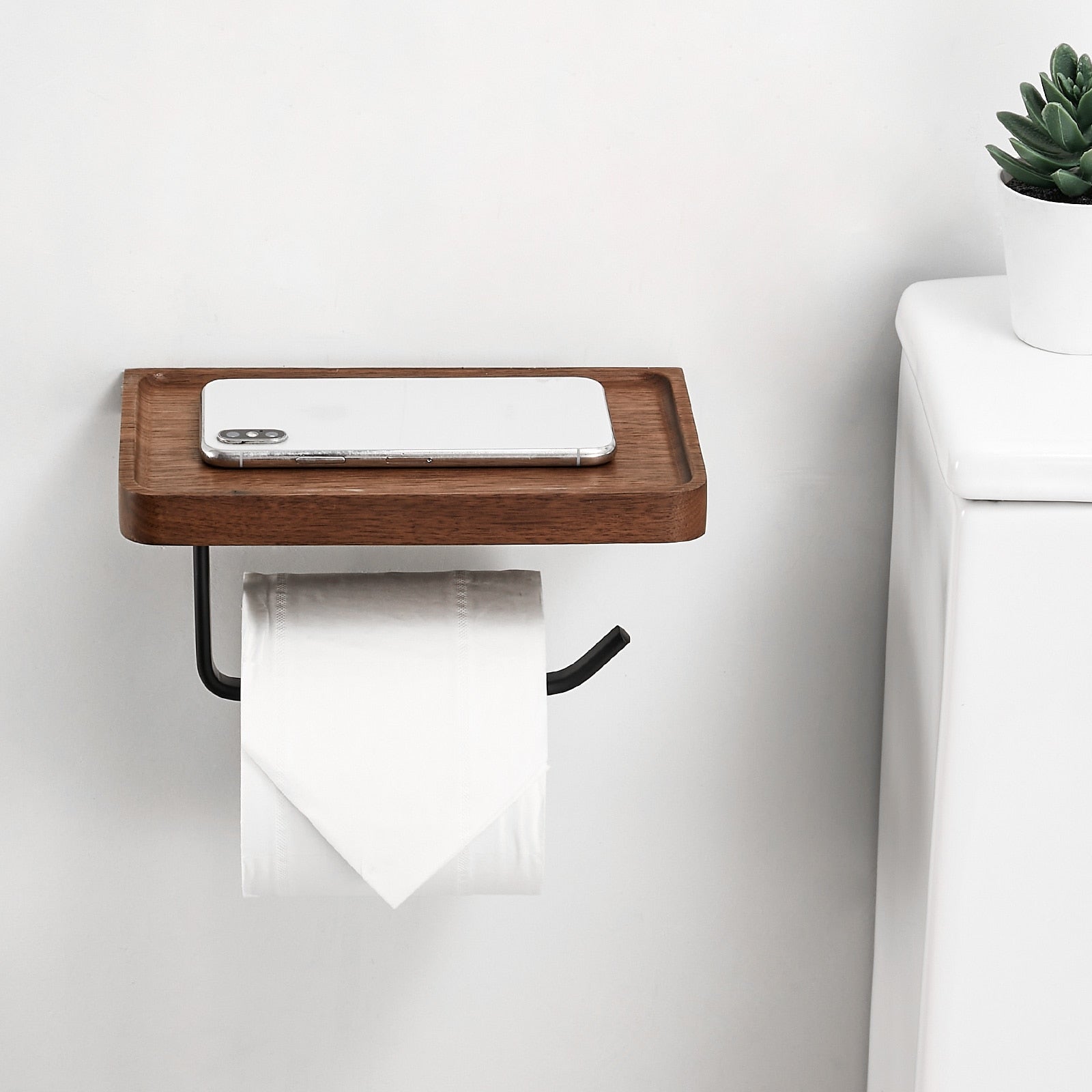 Toilettenpapierhalter aus Holz mit Ablage – Zur Wandmontage