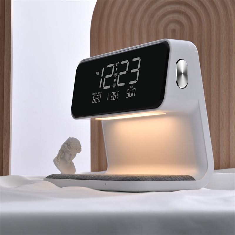 Nachttischlampe mit kabelloser Ladestation und Wecker