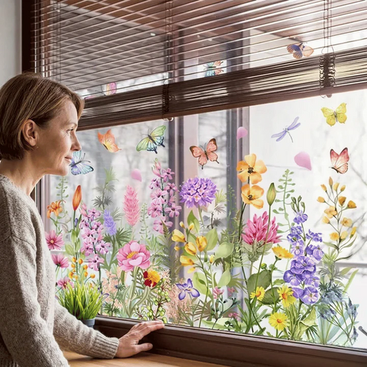 Fensteraufkleber mit Blumen- und Schmetterlingmotiven