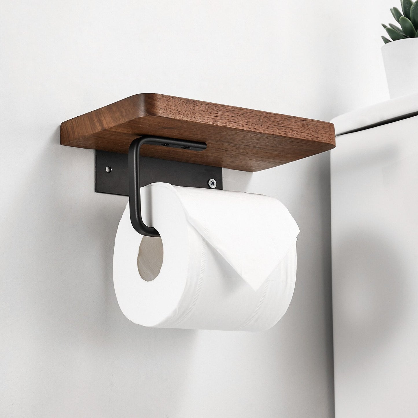Toilettenpapierhalter aus Holz mit Ablage – Zur Wandmontage