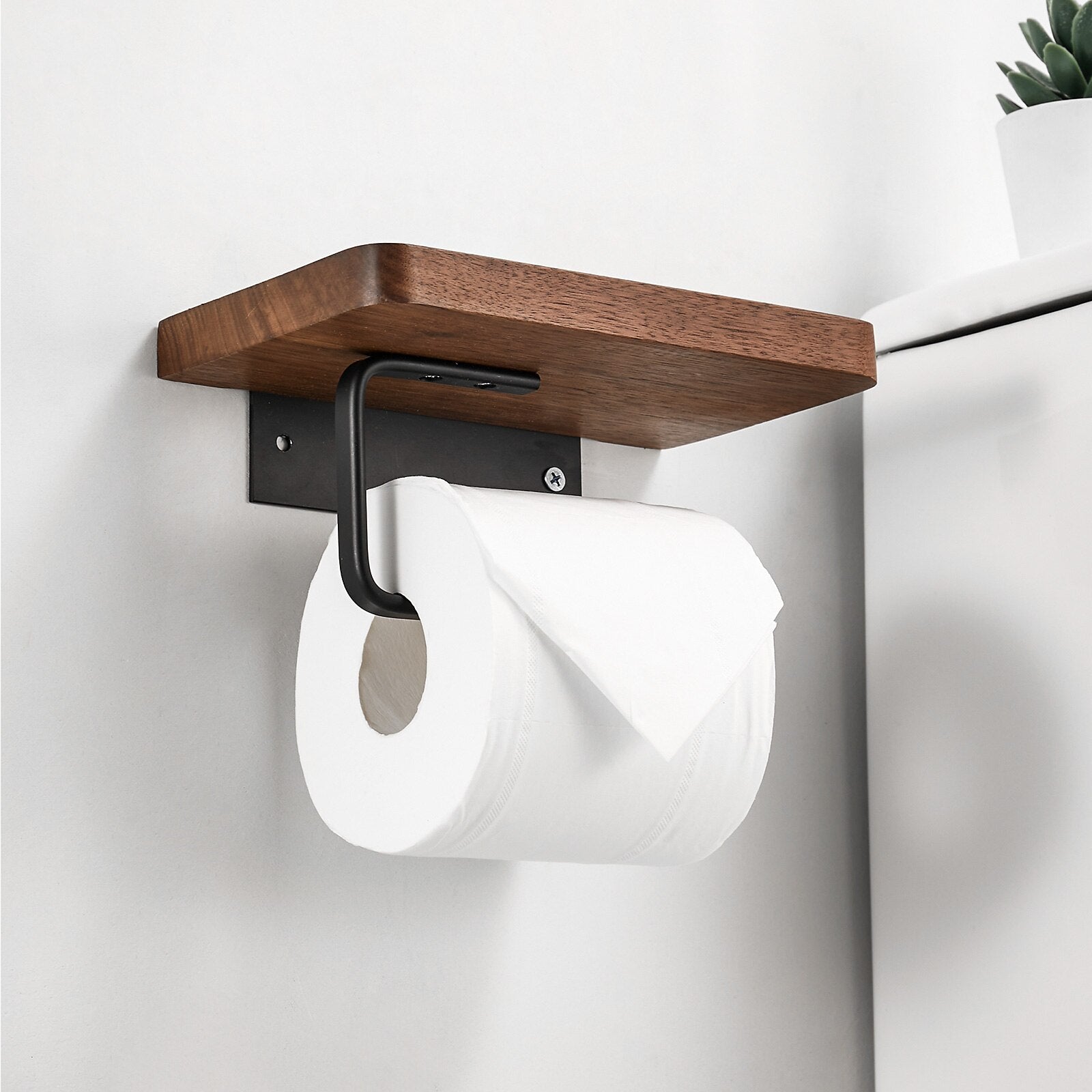 Toilettenpapierhalter aus Holz mit Ablage – Zur Wandmontage