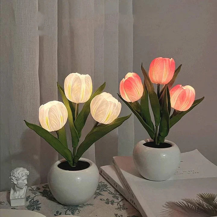 Tulpen-LED-Tischlampe im Keramiktopf – Warmes Dekorlicht